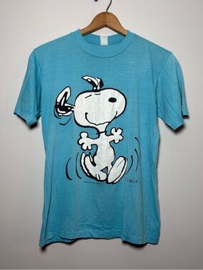 Vintage 80s/90s Peanuts Snoopy "Happy Dance" T-Shirt - Single Stitch - Sky Blue